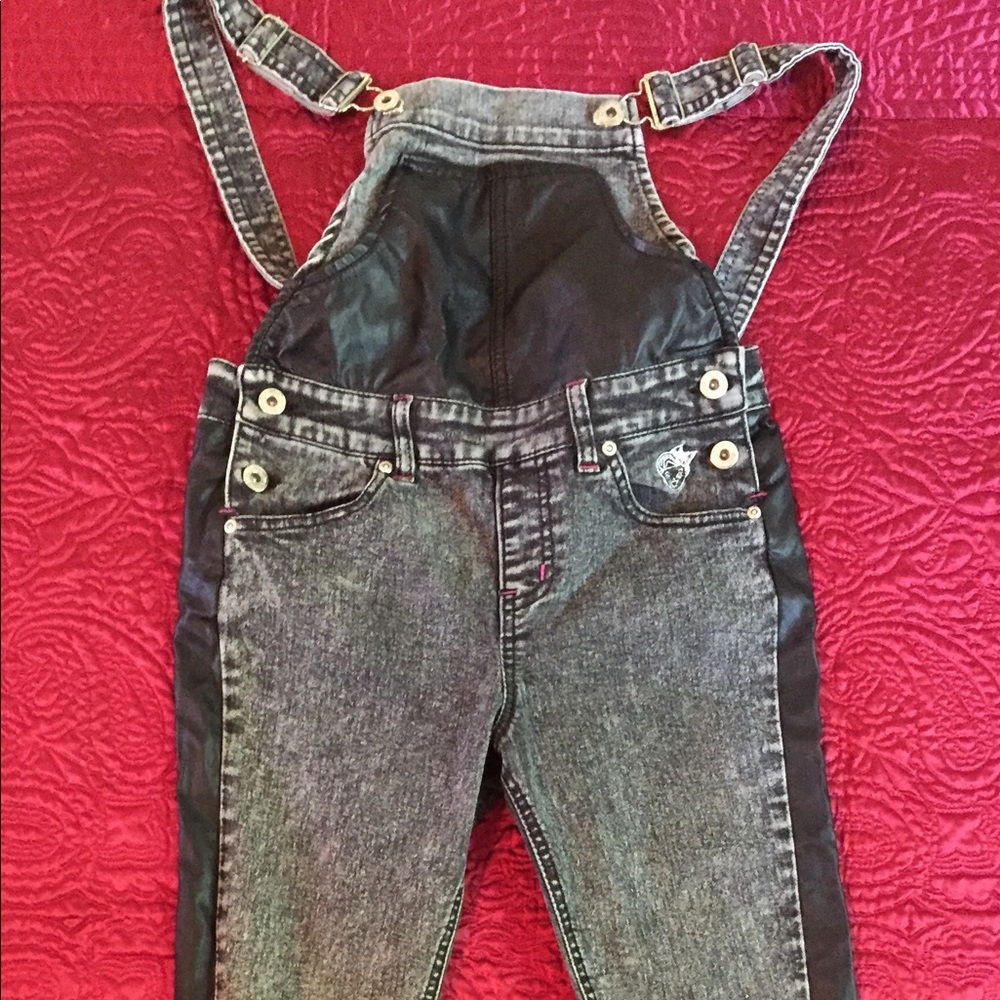 Faux Leather / Denim Bib Overalls Black Acid Sz 14
